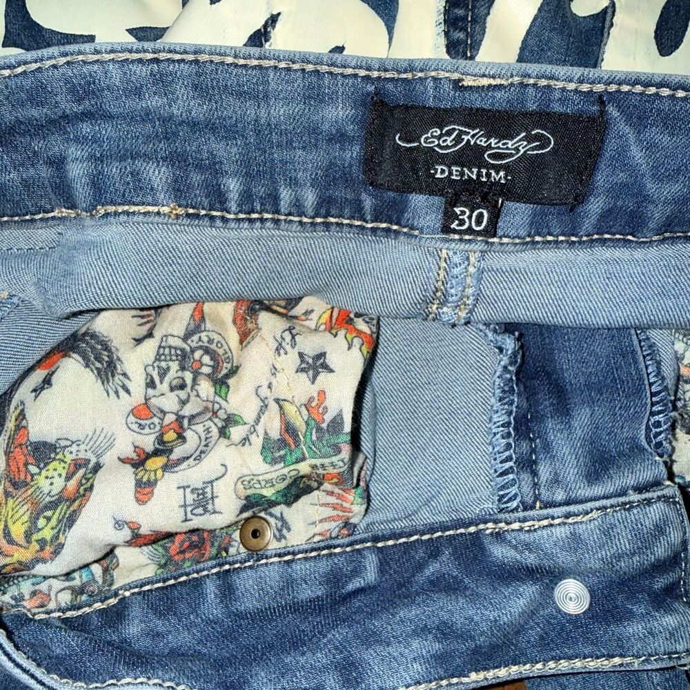Ed Hardy Slim Flare Jeans Vtg Tattoo Skull Graphic New York City Denim Size 30 - Picture 6 of 8